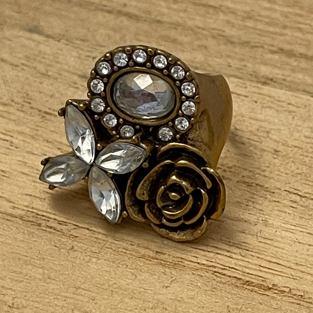 Gold Ox Plated Flower with Crystal Stones Ring